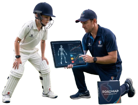 Coach and player evaluating cricket roadmap on tablet